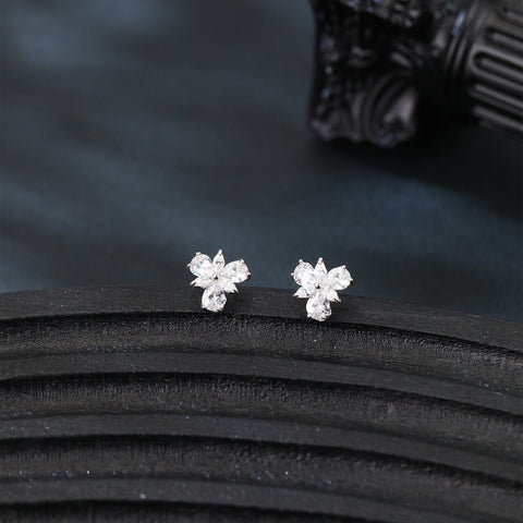 925 Sterling Silver Four-stone Clover Design Zircon Accent Stud Earrings In Plated with White Gold Setting