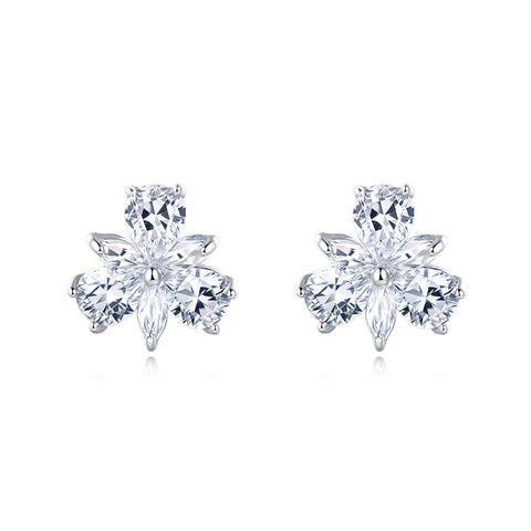 925 Sterling Silver Four-stone Clover Design Zircon Accent Stud Earrings In Plated with White Gold Setting