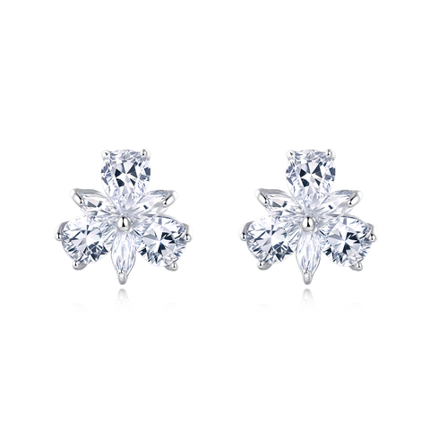925 Sterling Silver Four-stone Clover Design Zircon Accent Stud Earrings In Plated with White Gold Setting