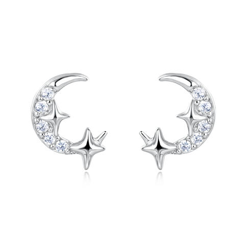 925 Sterling Silver **silver Crescent Moon Earrings With Star-studded Crystal Accents**