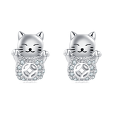 925 Sterling Silver Silver Zircon Lucky Cat Earrings – Adorable Charm With Sparkling Accents