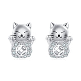 925 Sterling Silver Silver Zircon Lucky Cat Earrings – Adorable Charm With Sparkling Accents