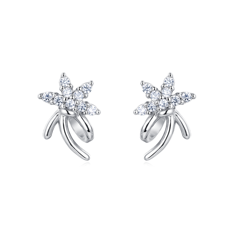 925 Sterling Silver Elegant Silver Flower Stud Earrings With Zircon Accents