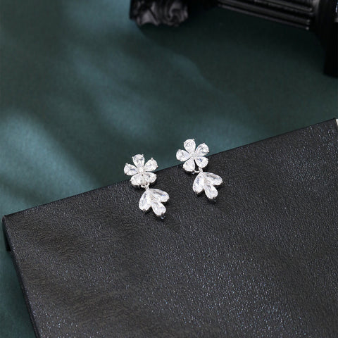 925 Sterling Silver Elegant Zircon Floral Earrings With Cascading Teardrops