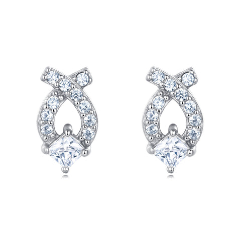 925 Sterling Silver Elegant Zircon Earrings In Silver Setting With Symmetrical Halo Design