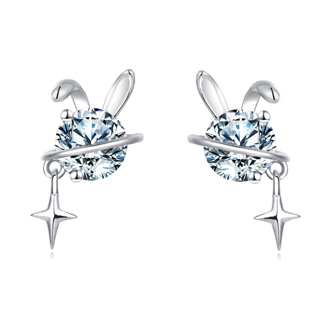 925 Sterling Silver Silver Bunny Earrings With Crystal Center And Star Charm