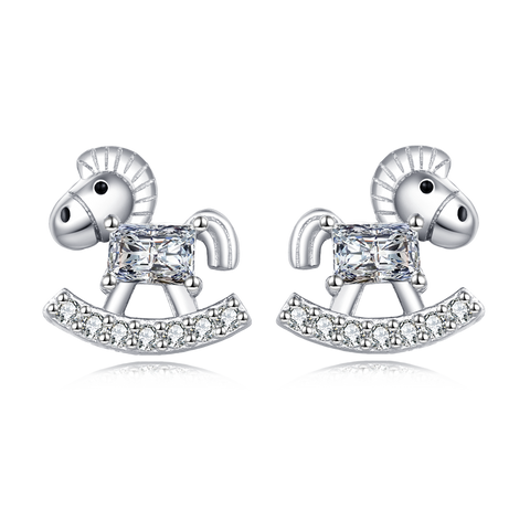 925 Sterling Silver Rocking Horse Zircon Stud Earrings In Sterling Silver