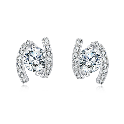 925 Sterling Silver Elegant Silver Horseshoe Stud Earrings With Sparkling Zircon Accents