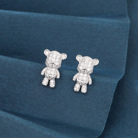 925 Sterling Silver Sparkling Silver Teddy Bear Earrings Embedded With Zircon Accents