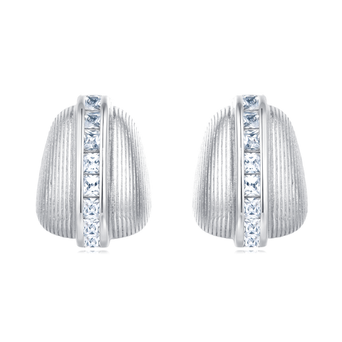 925 Sterling Silver Elegant Silver Ribbed Earrings With Zircon Accents On Textured Black Surface