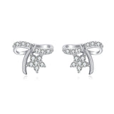 925 Sterling Silver Elegant Silver Bow Earrings With Zircon-accented Flowers On Blue Velvet