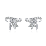 925 Sterling Silver Elegant Silver Bow Earrings With Zircon-accented Flowers On Blue Velvet