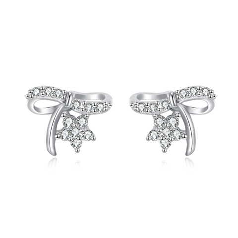 925 Sterling Silver Elegant Silver Bow Earrings With Zircon-accented Flowers On Blue Velvet