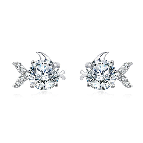 925 Sterling Silver Zircon Fish Stud Earrings With Central Round Cut Zircons