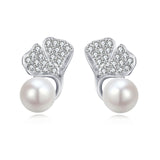 925 Sterling Silver Elegant Pearl Drop Earrings With Zircon-encrusted Leaf Accents