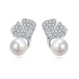 925 Sterling Silver Elegant Pearl Drop Earrings With Zircon-encrusted Leaf Accents