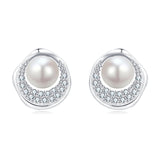 925 Sterling Silver Elegant Pearl & Zircon Halo Stud Earrings