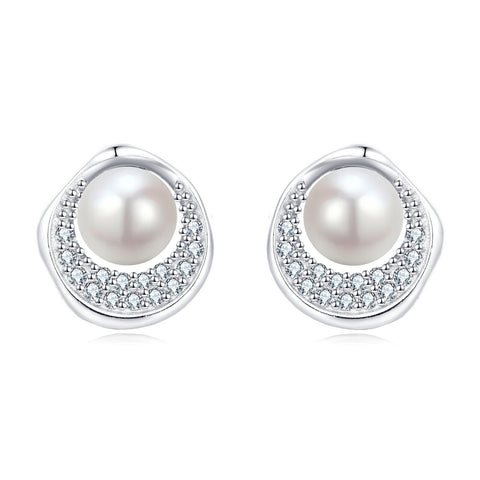 925 Sterling Silver Elegant Pearl & Zircon Halo Stud Earrings
