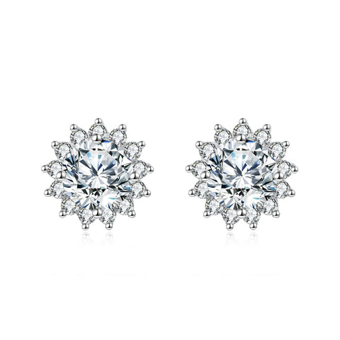 925 Sterling Silver Elegant Silver Floral Zircon Earrings - Luxury Studs