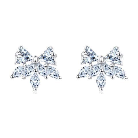 925 Sterling Silver Elegant Silver Crystal Bow & Flower Stud Earrings