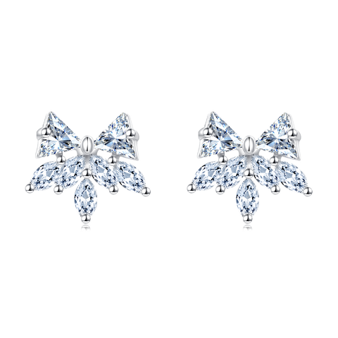 925 Sterling Silver Elegant Silver Crystal Bow & Flower Stud Earrings