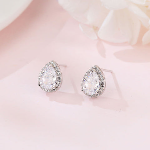 925 Sterling Silver Elegant Teardrop Zircon Halo Earrings In Plated with White Gold