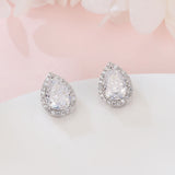925 Sterling Silver Elegant Teardrop Zircon Halo Earrings In Plated with White Gold