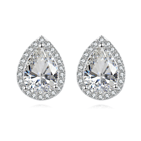 925 Sterling Silver Elegant Teardrop Zircon Halo Earrings In Plated with White Gold