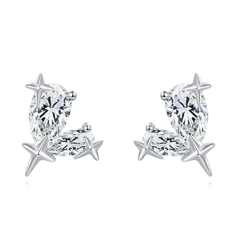 925 Sterling Silver Elegant Silver Star Stud Earrings With Clear Gemstone Accents