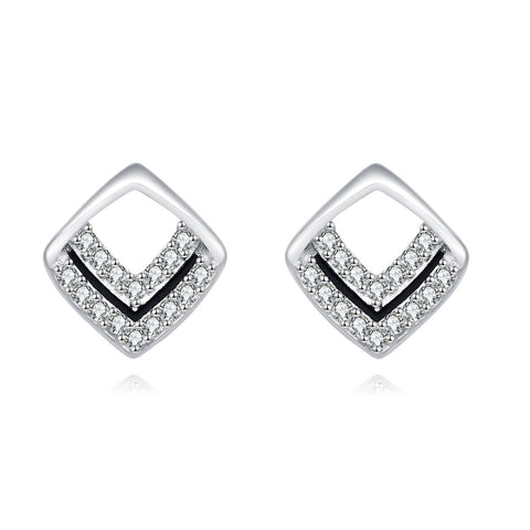 925 Sterling Silver Elegant Square Zircon Earrings With Black Enamel Accents In Sterling Silver