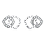 925 Sterling Silver Elegant Geometric Zircon Accent Interlocking Square Stud Earrings