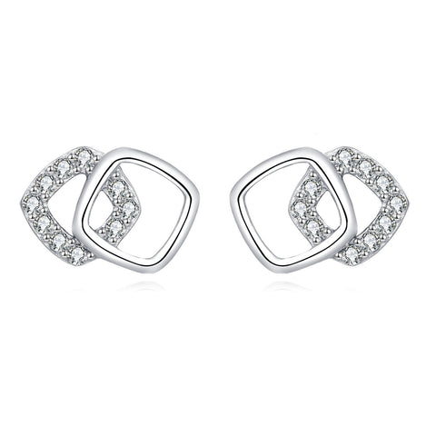 925 Sterling Silver Elegant Geometric Zircon Accent Interlocking Square Stud Earrings