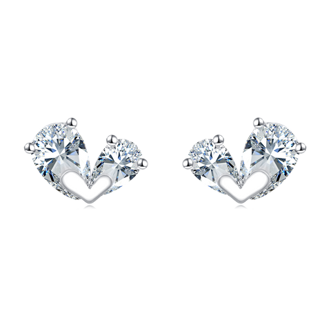 925 Sterling Silver Triple Zircon Heart Earrings In Plated with White Gold Setting