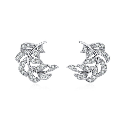 925 Sterling Silver Elegant Zircon-studded Leaf-shaped Silver Earrings