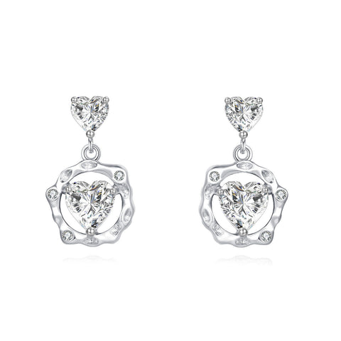 925 Sterling Silver Elegant Heart-shaped Zircon Earrings With Halo Setting In Plated with White Gold
