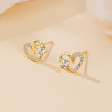 925 Sterling Silver Elegant Heart-shaped Zircon Stud Earrings In Gold Plating