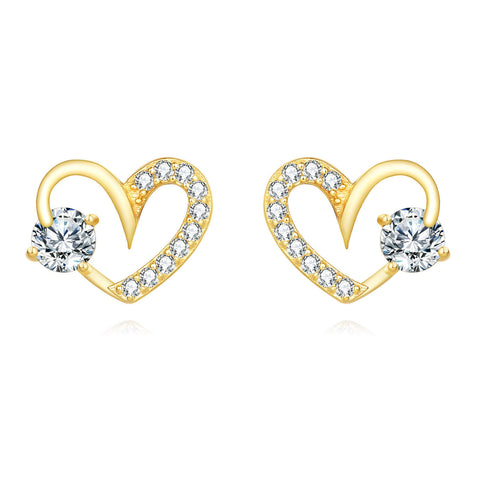 925 Sterling Silver Elegant Heart-shaped Zircon Stud Earrings In Gold Plating