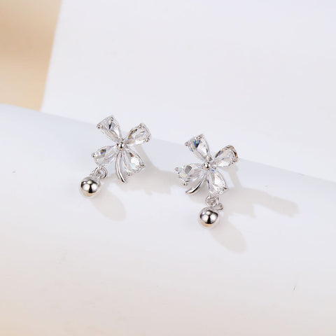925 Sterling Silver Elegant Silver Floral Zircon Drop Earrings