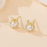 925 Sterling Silver Elegant Pearl Earrings With Zircon Accents And Gold Bow Design