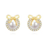 925 Sterling Silver Elegant Pearl Earrings With Zircon Accents And Gold Bow Design