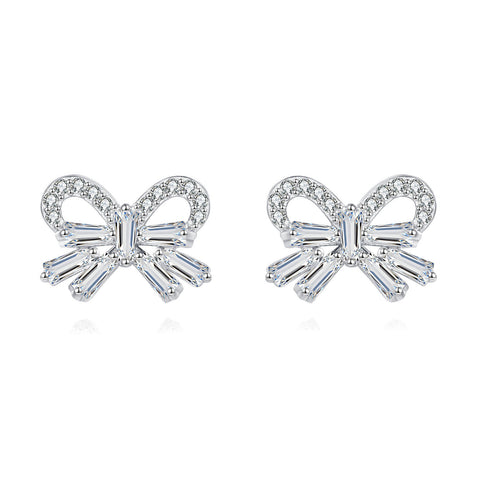 925 Sterling Silver Elegant Zircon Bow Earrings With Sparkling Accents