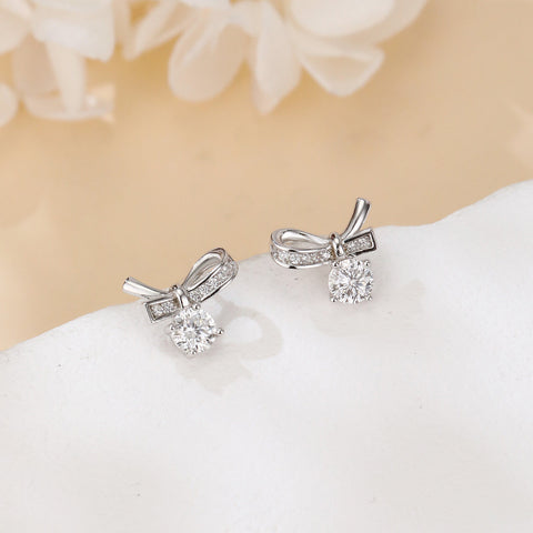 925 Sterling Silver Elegant Silver Moissanite Bow Earrings