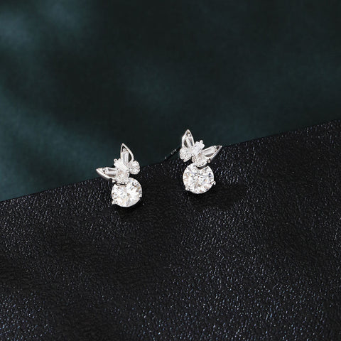 925 Sterling Silver Elegant Moissanite Stud Earrings With Silver Butterfly Design And Sparkling Accents