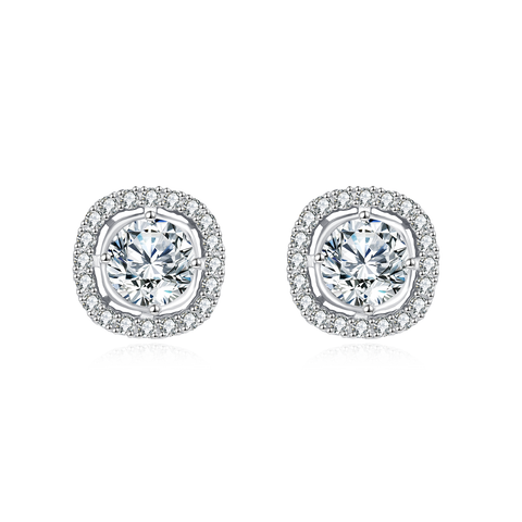 925 Sterling Silver Elegant Moissanite Halo Stud Earrings In Sterling Silver