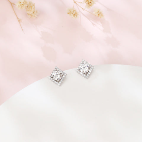 925 Sterling Silver Elegant Square Halo Moissanite Stud Earrings In Plated with White Gold: Timeless Beauty Meets Modern Design