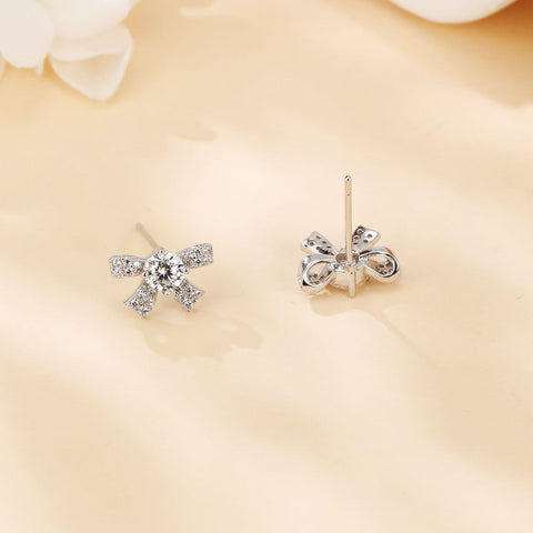 925 Sterling Silver Elegant Moissanite Bow Stud Earrings In Plated with White Gold Setting