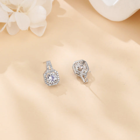 925 Sterling Silver Elegant Cushion-cut Moissanite Halo Earrings With Pavé Accents In Sterling Silver