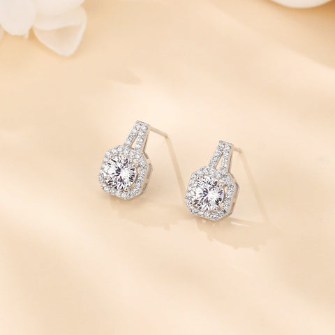 925 Sterling Silver Elegant Cushion-cut Moissanite Halo Earrings With Pavé Accents In Sterling Silver