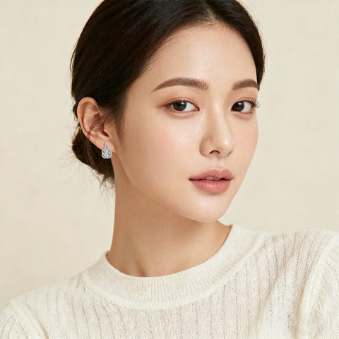 925 Sterling Silver Elegant Cushion-cut Moissanite Halo Earrings With Pavé Accents In Sterling Silver