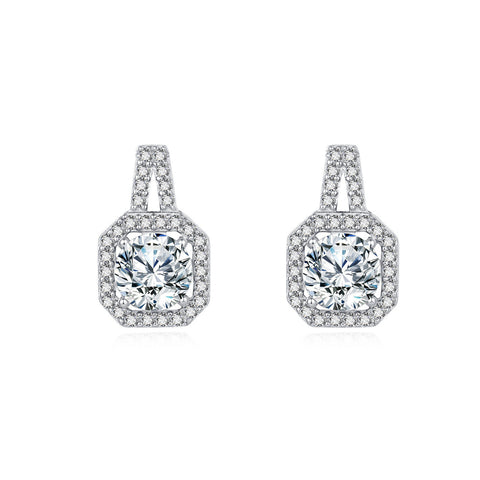 925 Sterling Silver Elegant Cushion-cut Moissanite Halo Earrings With Pavé Accents In Sterling Silver